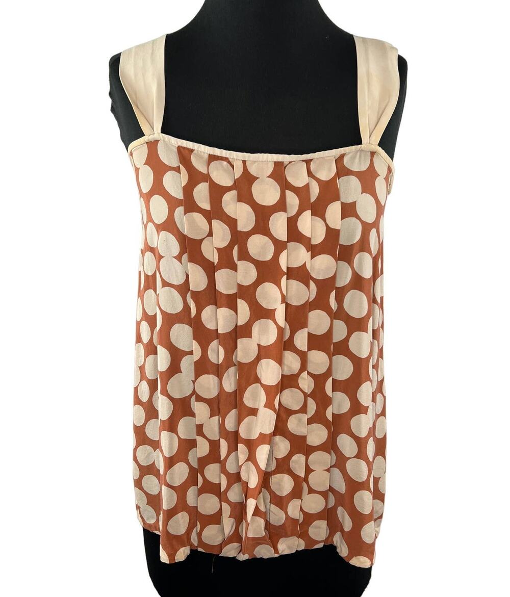 VTG Katy Rodriguez Tan & Cream Polka Dot 100% Silk Pleated Tank Top Blouse 6 USA